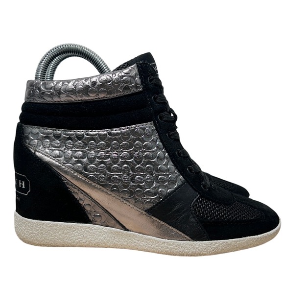 Coach Naples Black Silver Hidden Wedge High Top Sneakers Booties - Size 7M - Picture 1 of 9